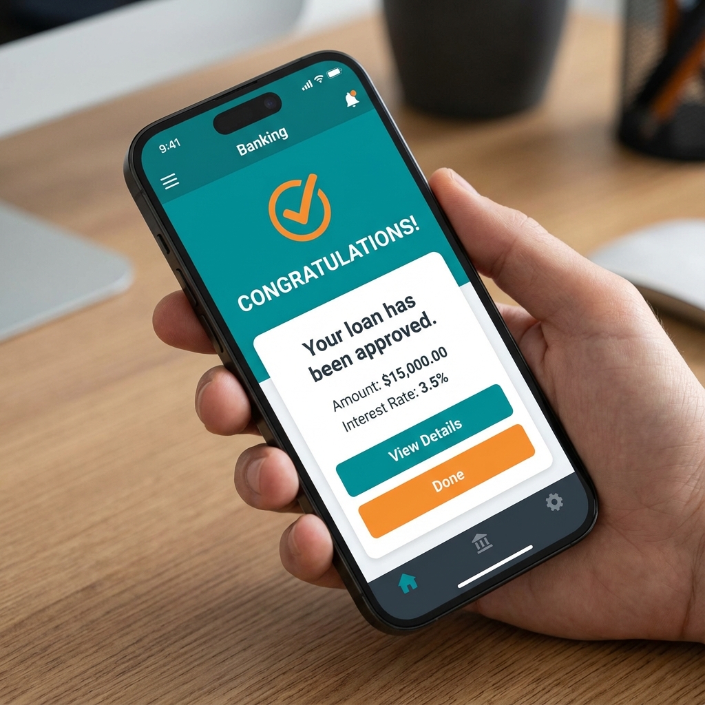 Mobile phone displaying loan approval notification and application interface